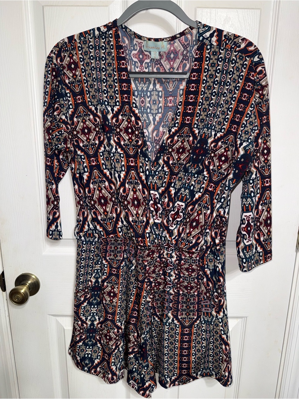 Veronica M Navy, Rust & Cream Printed Wrap Romper